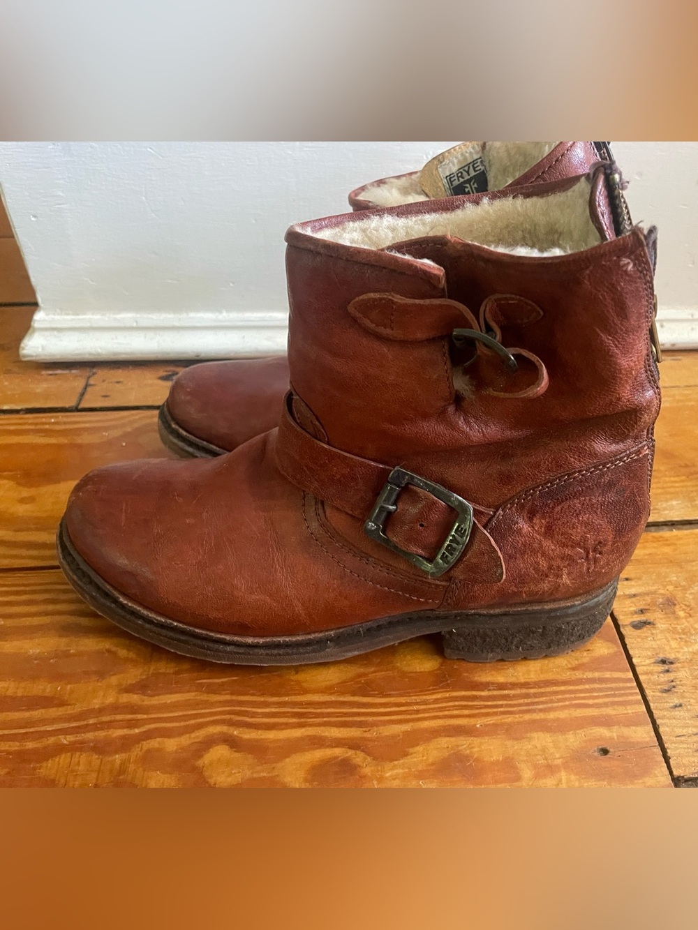 Frye Chestnut Leather Shearling Motorcycle Ankle Boot